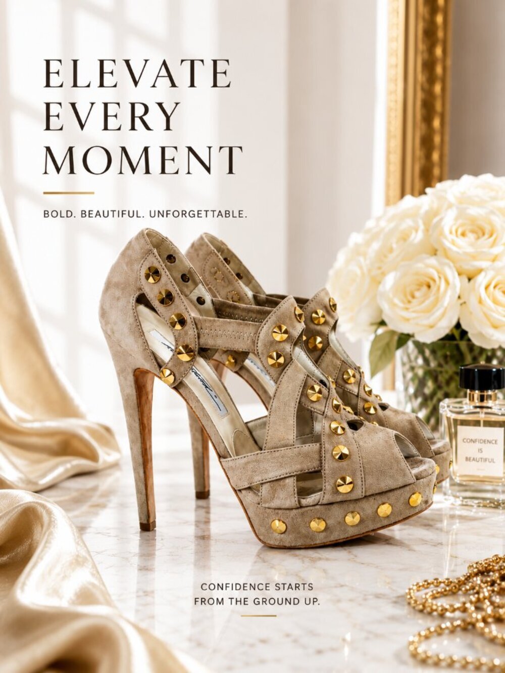 Brian Atwood Soft Taupe Cage Style Cutout Gold Pyramid Stud Detail Stiletto Heel